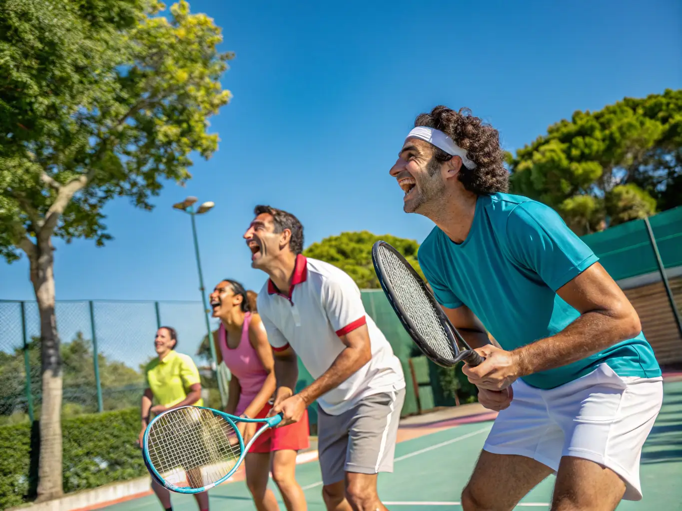 An image of a social tennis event at ASS ERVY TENNIS, featuring members enjoying a friendly match followed by refreshments and socializing.