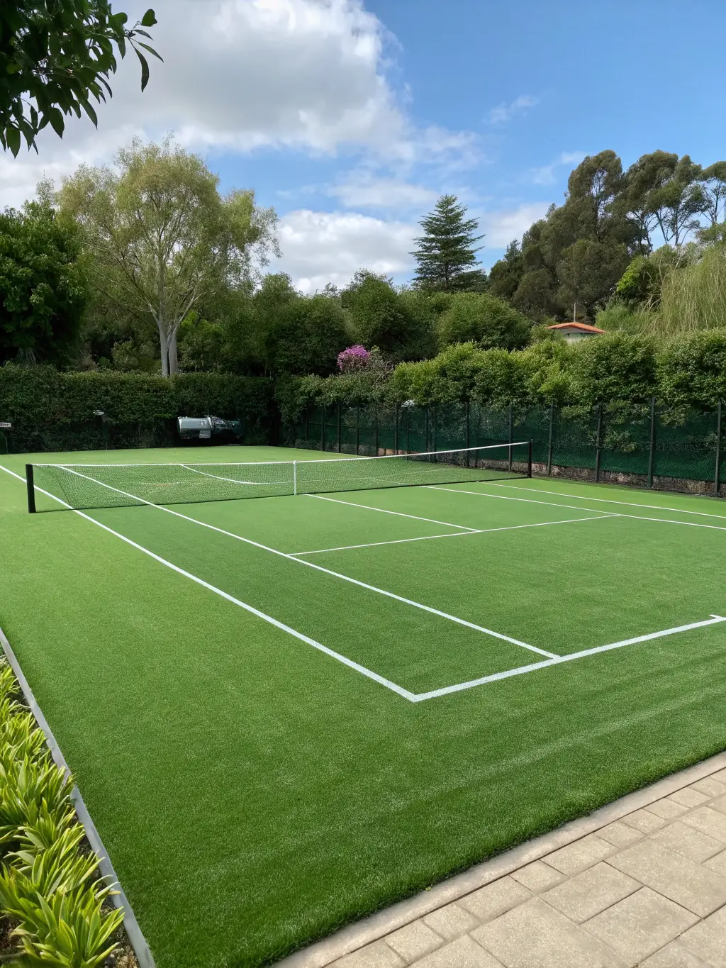 A well-maintained tennis court at ASS ERVY TENNIS, ready for play, with the club logo subtly visible in the background, highlighting the quality facilities available to members.